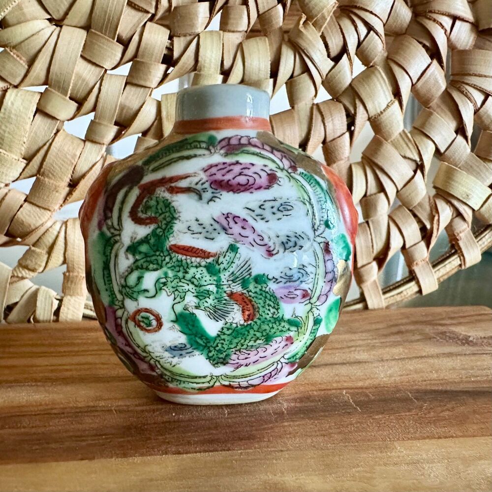 Vintage Chinese Famille Rose Porcelain Snuff Bottle Dragon Design, Qianlong Mark